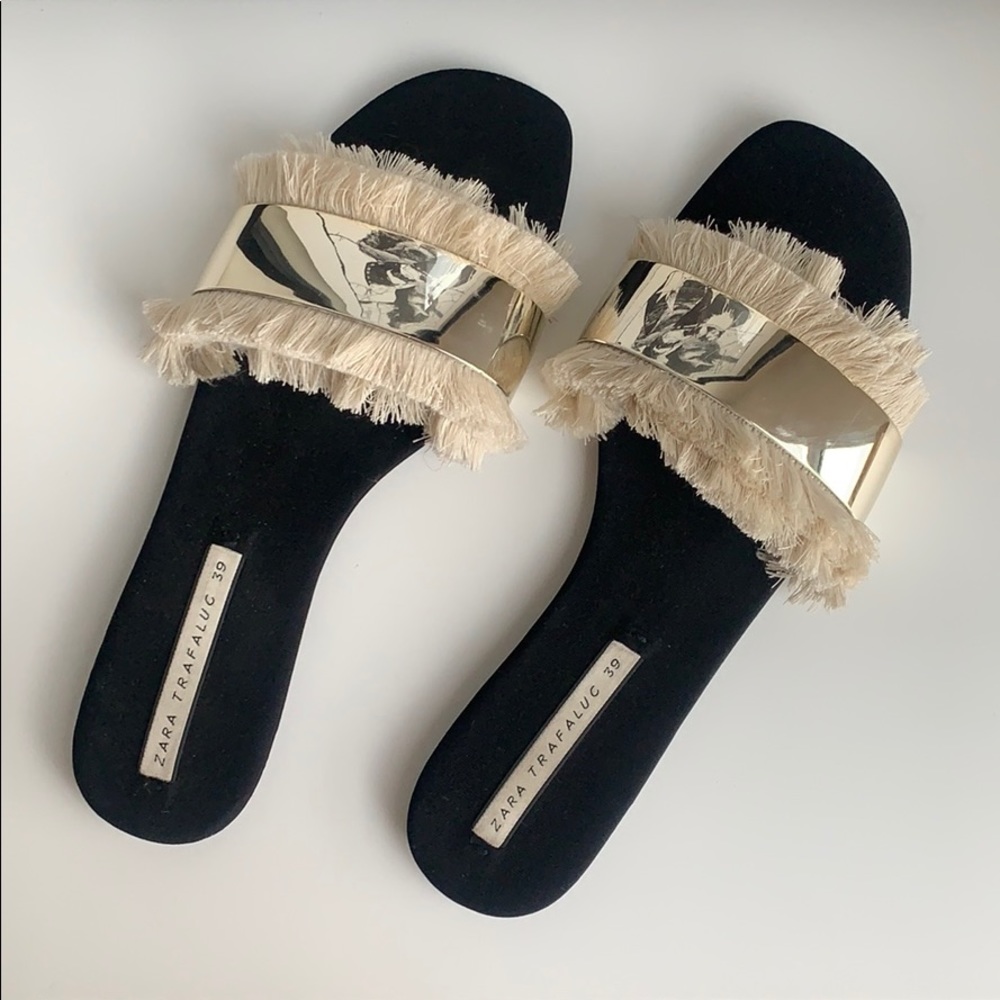 Zara ivory cream and gold fringe sandals
